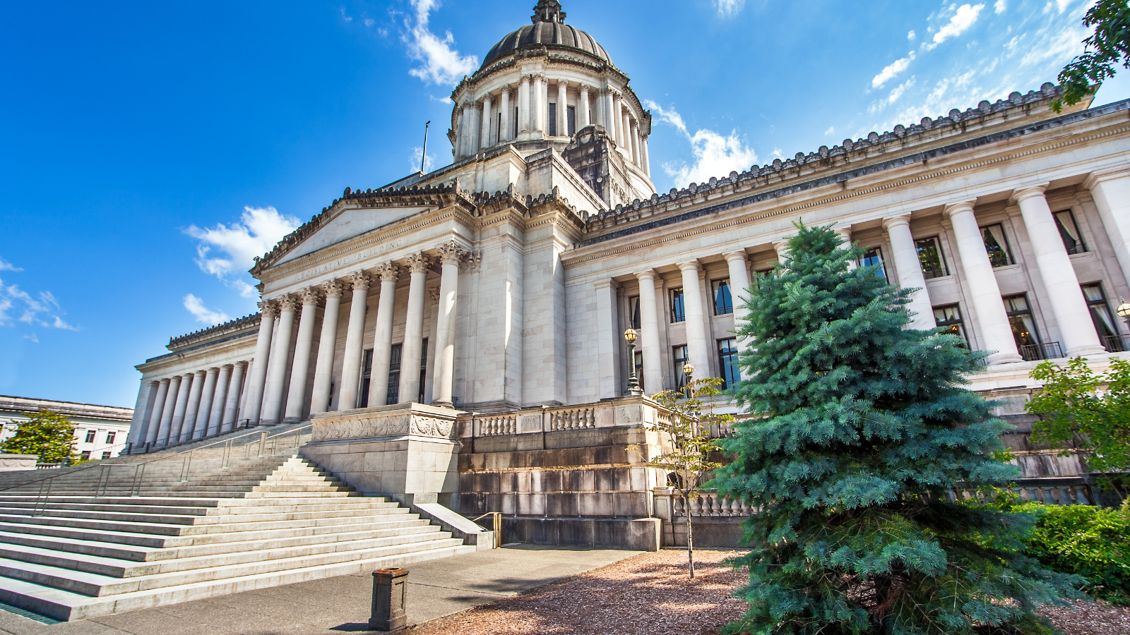 The Washington State Capitol building in Olympia, with its dome and Roman columns rising against a clear blue sky